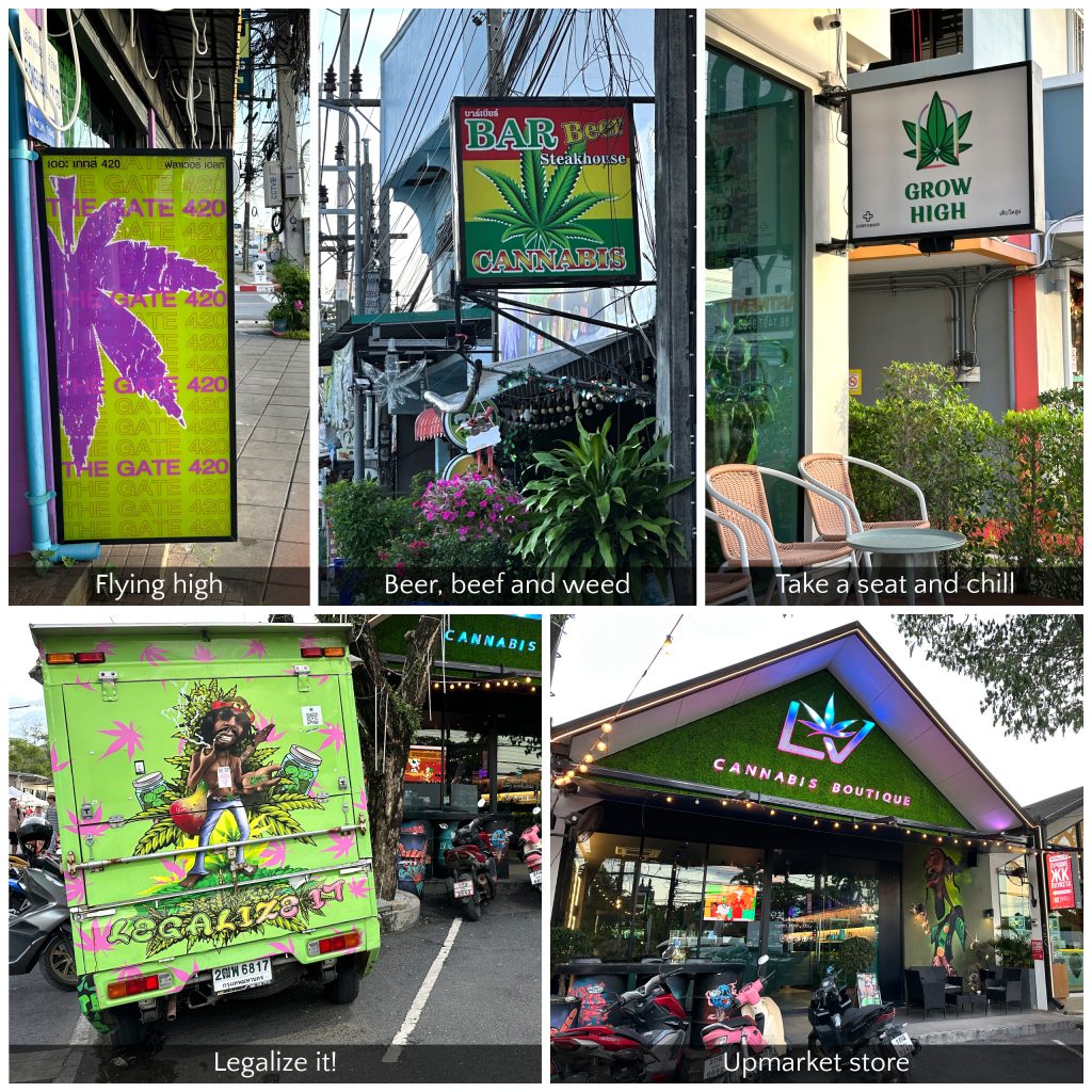 Cannabis shops and street scene in Phuket Thailand